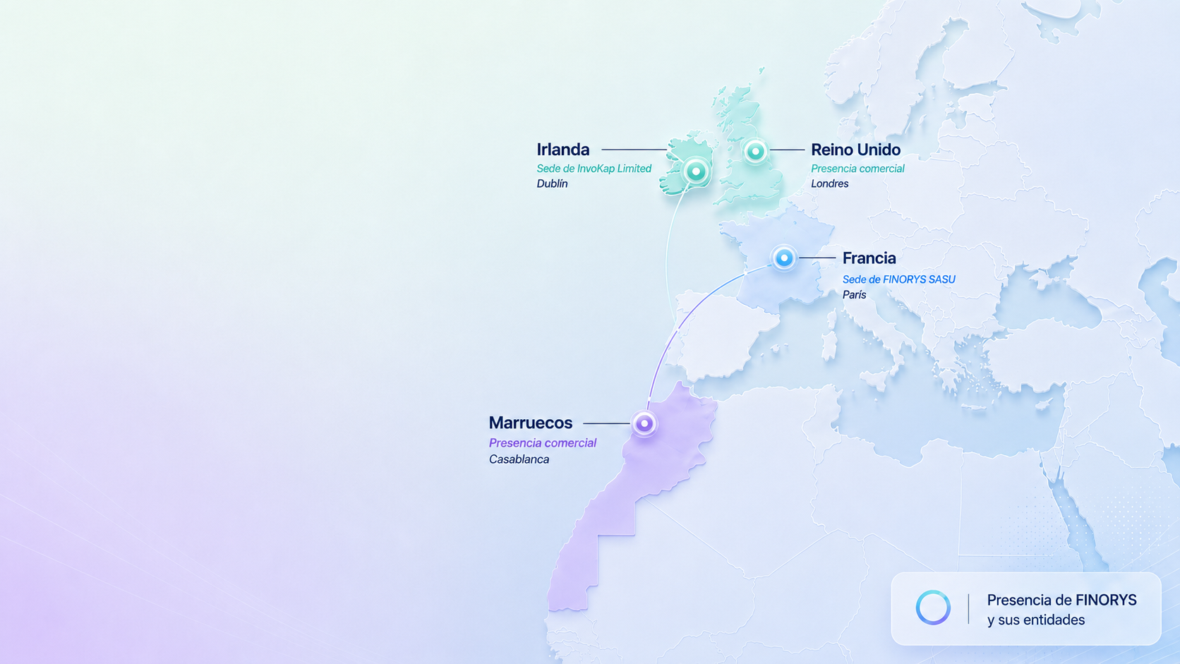 Mapa de implantaciones FINORYS: Francia, Reino Unido, Irlanda y Marruecos